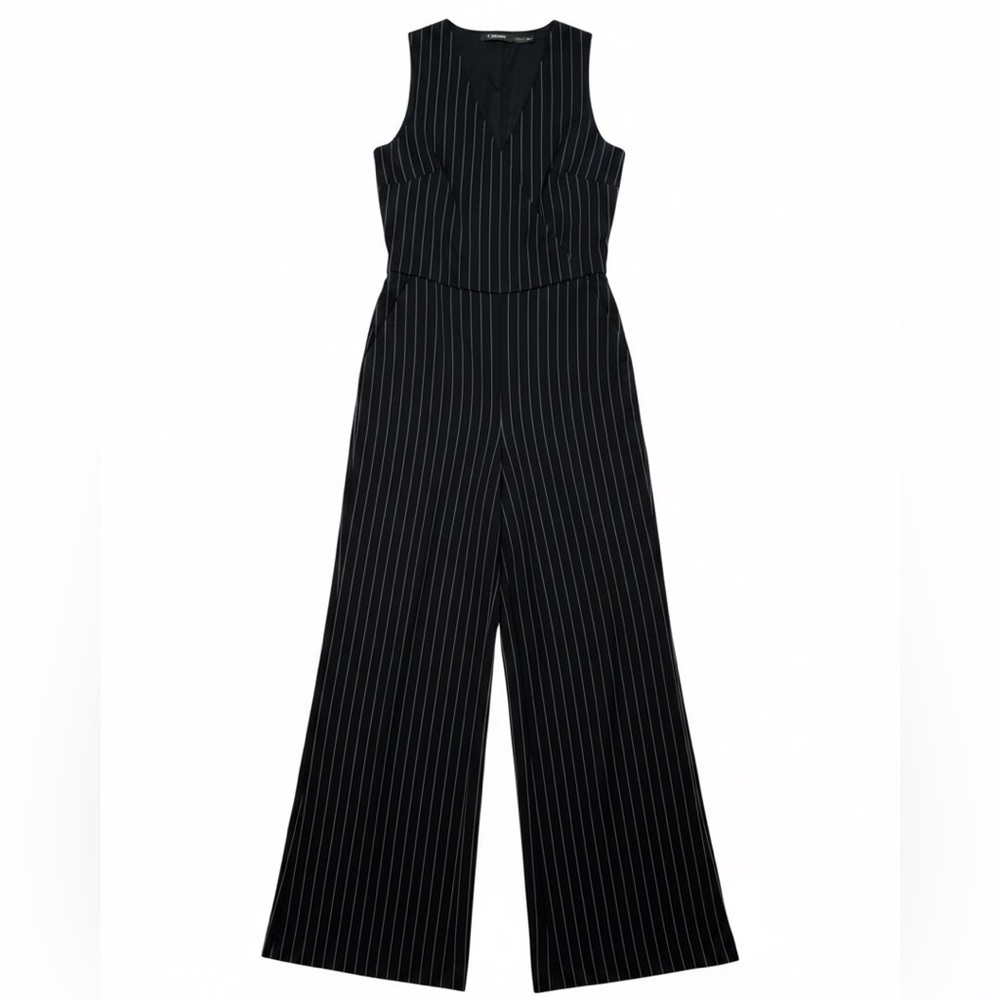 Lauren Ralph Lauren Black/White Pinstripe Wide Leg Jumpsuit Sleeveless V-Neck 2